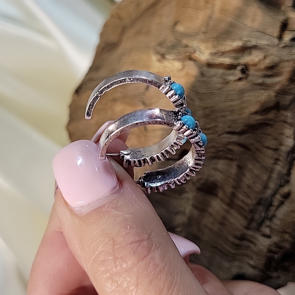 💥FLASH SALE💥Rustic Turquoise Half Hoop Earrings, S925 - Picture 8 of 8